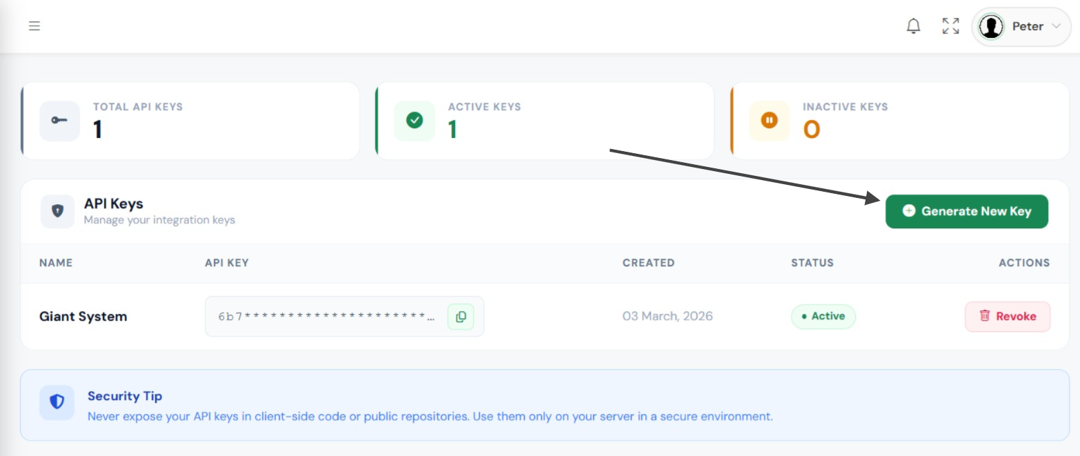 API Keys page